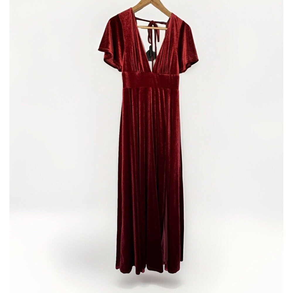 Lulus Dress Women M Brick Velvet V Neck Maxi Front Slit Special Occasion Party